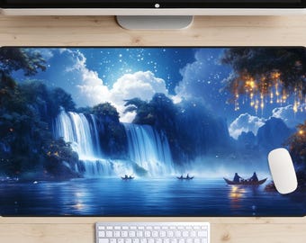 Nighttime Waterfall Desk Mat, Beautiful Night Sky Desk Pad, Starry Sky Desk Topper, Fireflies Mousepad, Romantic Boat Outing, Magical, Grand