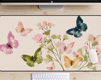 Tapete de escritorio con estampado de mariposas, Alfombrilla de escritorio con mariposas, Tapete de escritorio floral, Alfombrilla de ratón con flores, Tapete para portátil de primavera, Tapete de escritorio botánico