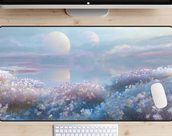 Dreamcore Landscape Desk Mat, Ethereal Iridescent Gaming Mouse Pad, Surreal Space Planet Desk Decor, Aesthetic XL Pastel Meadow Mousepad