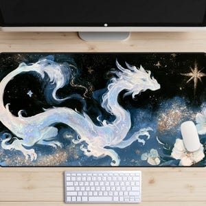 Celestial White Dragon Desk Mat, Fantasy Gaming Mouse Pad, Starry Night Dragon Desk Pad, Magical Floral Art, Mythical Creature Office Decor