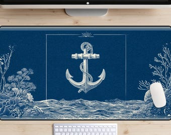 Vintage Nautical Anchor Desk Mat, Blue and White Desk Topper, Sea Aesthetic Desk Pad, Ocean Floor Mousepad, Nautical Decor, Navy Blue Mat