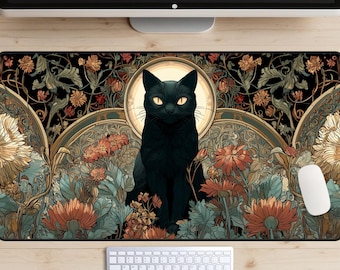 Black Cat Art Deco Desk Mat, Art Nouveau Cat Desk Pad, Gothic Home Decor, Witchy Desk Decor, Vintage Floral Mousepad, Botanical Desk Topper