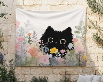 Black Cat Tapestry, Kawaii Garden Wall Hanging, Watercolor Floral Cat Art, Cute Kitten Nursery Decor, Pastel Flowers Aesthetic Wall Decor