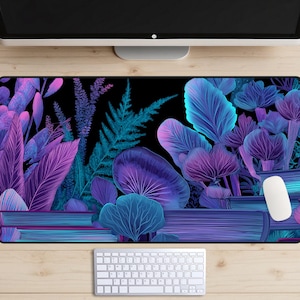 Skrivbordsmatta med självlysande växter, neonfärgad botanisk biblioteksmatta, musmatta med bokstapel, Cybercore Floral XL-spelmatta, lila och blågrön Maximalist