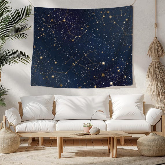 ゴールド星座タペストリー、星の布掛け、ゴールドとネイビー、夜間の壁