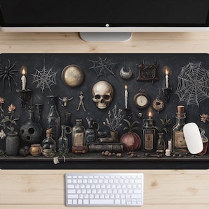 May include: A dark, gothic-themed desktop mat with a skull, potion bottles, and spiderwebs. The mat features a variety of objects, including a skull, potion bottles, spiderwebs, and other decorative elements. The mat is perfect for adding a touch of spooky style to any desk.