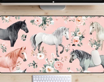 Horses and Flowers Desk Mat, Horse Desk Pad, Equestrian Desk Topper, Ponies Mousepad, Horse Lover Gift, Horseback Riding, Wild Horses