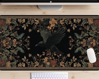 Raven in Flight Desk Mat, Raven Tapestry Desk Mat, Medieval Blackbird Desk Pad, Castle Decor Desk Topper, High Fantasy Mousepad, Crow