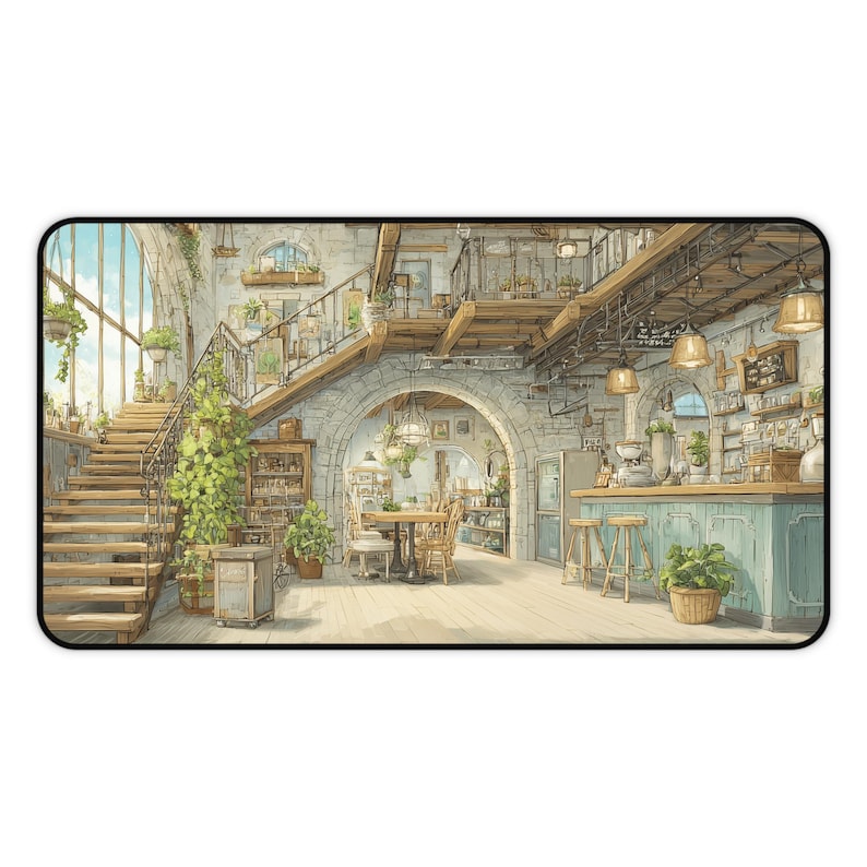 Lofi Cafe Desk Mat, Watercolor Aesthetic Gaming Mouse Pad, Cozy Cafe Large Desk Pad, Studio Ghibli Inspired Office Decor, Gamer Gift image 8