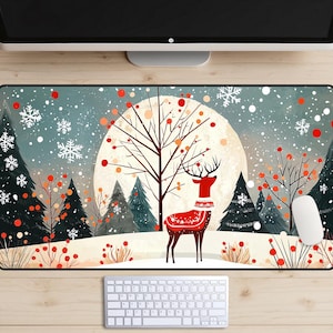 Bureauonderlegger kerstrendier, bureauonderlegger Winter Wonderland, bureaulegger vintage kerstkaart, mousepad volle maan december, pijnbomen, sneeuw