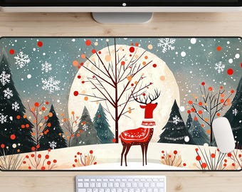 Christmas Reindeer Desk Mat, Winter Wonderland Desk Pad, Vintage Christmas Card Desk Topper, Full Moon December Mousepad, Pine Trees, Snow