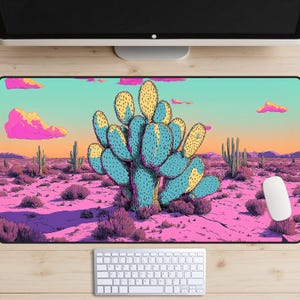 Alfombrilla de escritorio con diseño de desierto rosa, alfombrilla de escritorio con paisaje de cactus verde azulado, alfombrilla de escritorio con diseño de plantas rodantes en color arena magenta, alfombrilla de ratón con arte psicodélico de la Costa Oeste