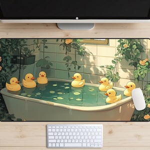 Tapete de escritorio de patitos de goma, tapete de escritorio de patos Lofi, tapete de ratón de plantas verdes, lindo tapete para computadora portátil de escritorio Kawaii, tapete para jugar a la hora del baño, escritorio femenino