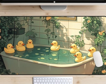 Rubber Duckies Desk Mat, Lofi Ducks Desk Pad, Green Plants Mousepad, Kawaii Desk Topper Cute Laptop Mat, Bath Time Play Mat, Girly Desk
