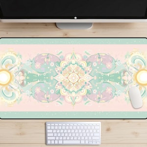 Tapete de escritorio bohemio vintage rosa, tapete con reverso de tarot, tapete art déco, alfombrilla de ratón vintage, verde menta, colores pastel, bohemio.