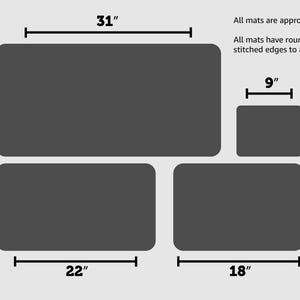 May include: Four gray rectangular mats of different sizes. The largest mat is 31 inches by 15.5 inches. The second largest mat is 22 inches by 12 inches. The third largest mat is 18 inches by 12 inches. The smallest mat is 9 inches by 7 inches. All mats are approximately 3mm thick and have rounded corners and stitched edges.