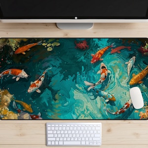 Koi Fish Desk Mat, Koi Pond Desk Pad, Goldfish Mousepad, Zen Painting Desk Topper, Blue Waters Laptop Mat, Calm Office Decor, Cute Desk Mat