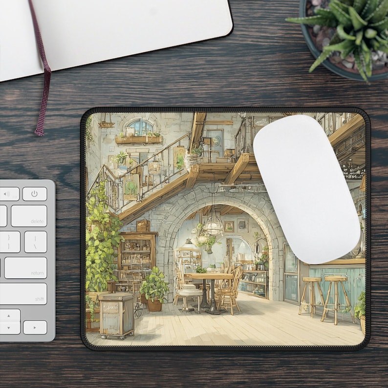 May include: A rectangular mousepad featuring a detailed illustration of a cozy interior scene. The artwork depicts a dining area with a wooden table, chairs, and a bar area. The color palette includes shades of beige, brown, and green. A white mouse rests on the pad.