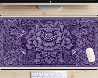 Purple Floral Motif Desk Mat, Flower Filigree Desk Pad, Lavender Desk Topper, Renaissance Decor Laptop Mat, Cottagecore, Art Deco Mousepad