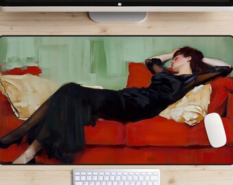 Decadent Woman After The Party, Girl After The Dance Desk Mat, Noir Desk Pad, Art Nouveau Mousepad, Decadent Youth, Lounging Woman, Painting