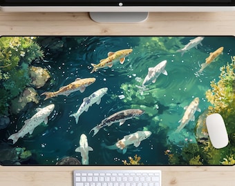 Trout Stream Desk Mat, River Fish Desk Pad, Lofi Desk Mat, Zen Painting Desk Topper, Aqua Water Laptop Mat, Calm Office Decor, Cute Desk Mat