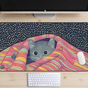 Hello Friend Desk Mat, Cozy Cat Desk Pad, Kitty Cat Blanket Desk Topper, Soft Aesthetic Mousepad, Kawaii Kitten Laptop Mat, Funny Animals