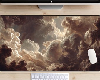 Warm Beige Storm Cloud Desk Mat, Moody Ethereal Sky Mouse Pad, Large Luminous Cream XL Gaming Mat, Sophisticated Truffle Brown Office Decor