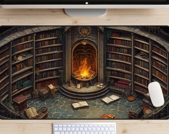 May include: A circular library with a large fireplace in the center. The library is filled with bookshelves and books. The fireplace is lit and has a fire burning inside. The floor is made of stone and there are some chairs and tables in the room.