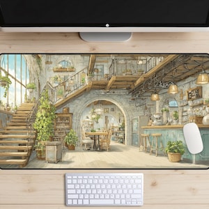 Cozy Cafe Gaming Mouse Pad, Watercolor Bookstore Desk Mat, Gift for Book Lovers and Coffee Addicts, XL Extended Lofi Workspace Mat