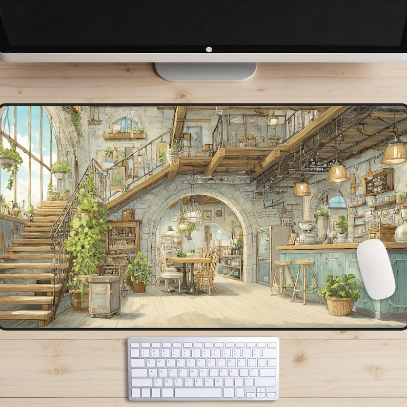 Cozy Cafe Gaming Mouse Pad, Watercolor Bookstore Desk Mat, Gift for Book Lovers and Coffee Addicts, XL Extended Lofi Workspace Mat