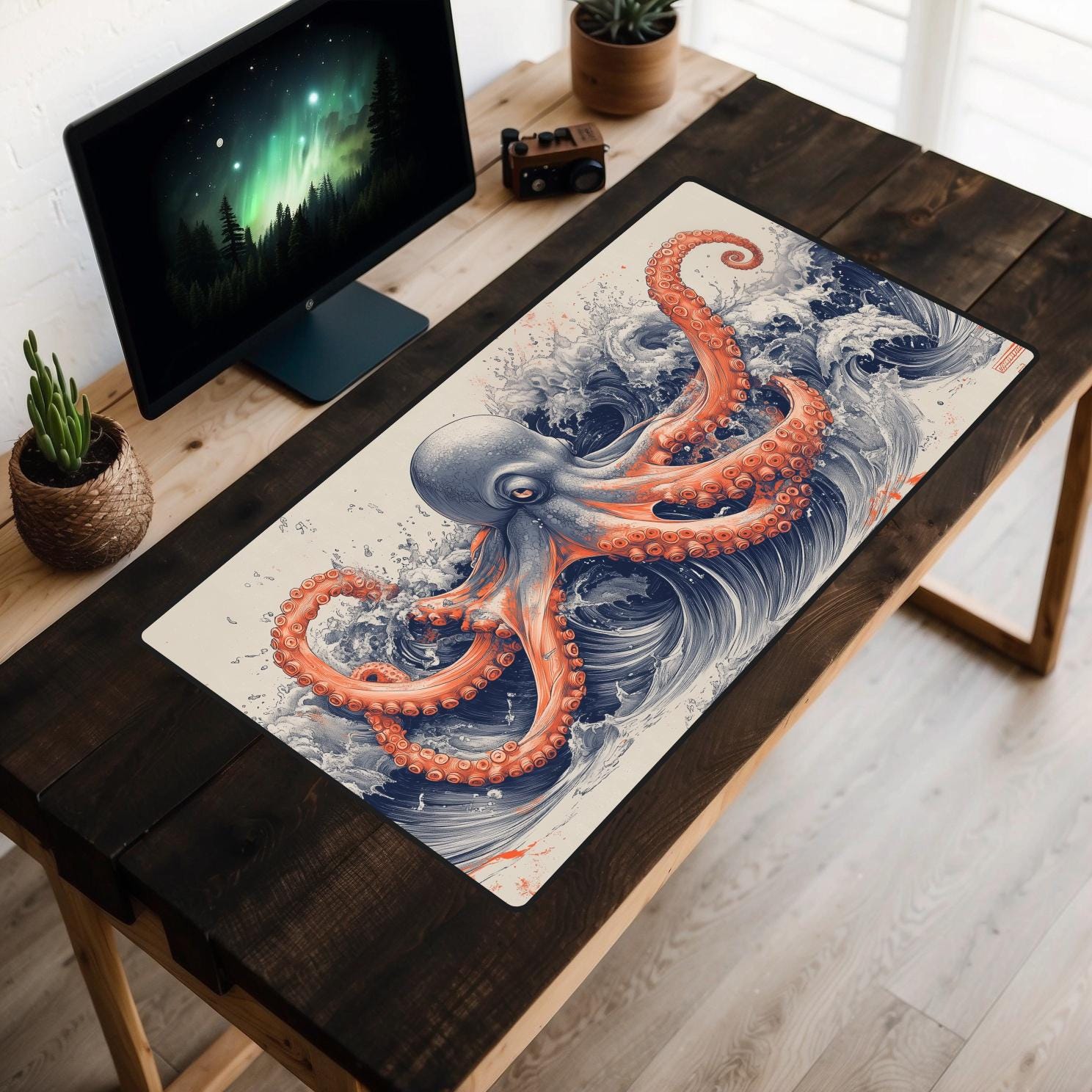 Octopus Waves Desk Mat, Ocean Tentacles Desk Pad, Blue and Red Ink Drawing Desk Topper, Vintage Illustration Mousepad, Japanese Sea Life
