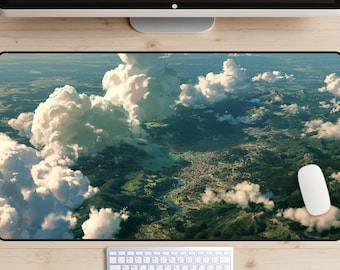 Clouds Over Mountain Village Desk Mat, Cloudscape Desk Mat, Aerial Mountain Valley Mousepad, Anime Landscape Desk Pad, Historical Fantasy