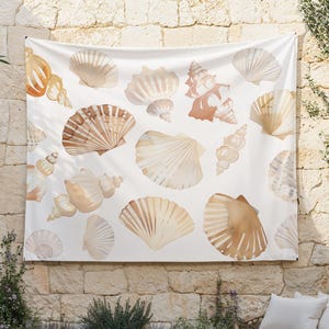 Seashell Tapestry, Watercolor Seashells Wall Hanging, Beach House Cloth Hanging, Ocean Aesthetic Wall Cloth, Soft Muted Colors Wall Decor