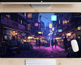 Tokyo Nights Lofi Desk Mat, 80's Japan Desk Pad, Anime Desk Topper, Purple Desk Mat, City Streets Mousepad, Cityscape Laptop Mat, Neon Vibe