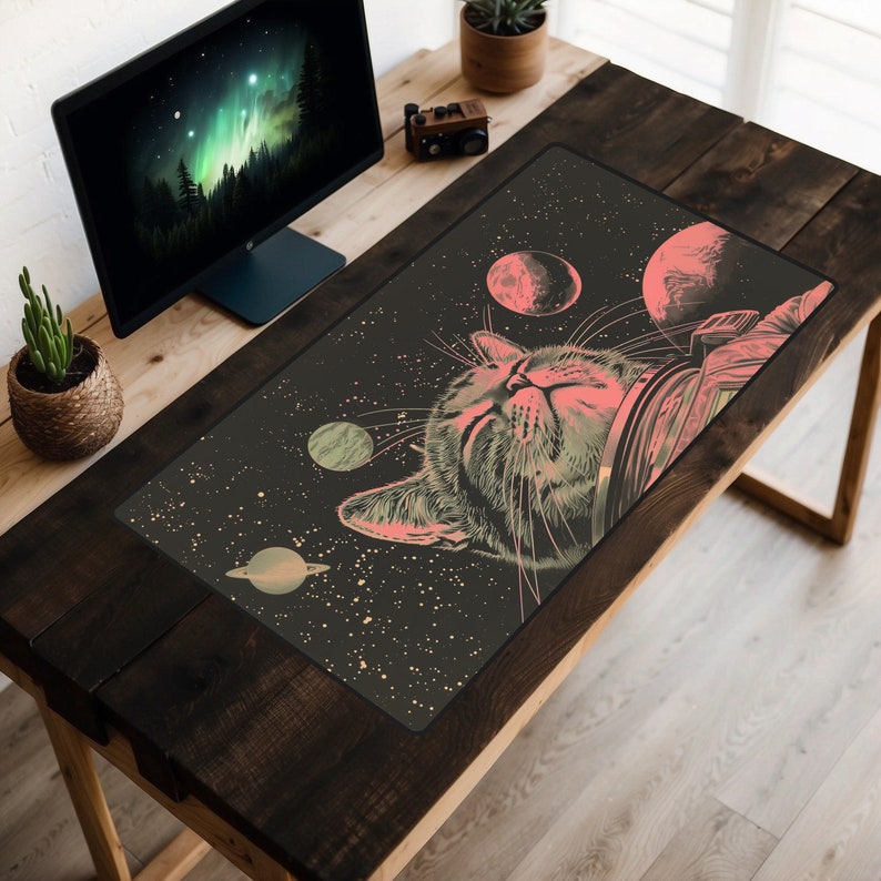 Space Cat Desk Mat, Outer Space Kitty Desk Pad, Vintage Astronaut Kitten Desk Topper, Sci Fi Mousepad, Old School Poster Style Laptop Mat