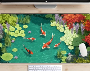 Alfombrilla de escritorio con diseño de estanque koi primaveral, alfombrilla de escritorio con peces koi vibrantes, alfombrilla zen para ratón, decoración de oficina con naturaleza brillante, alfombrilla de teclado con nenúfar verde, estética serena