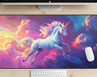 Sparklecore Unicorn Desk Mat, Vibrant Unicorn Desk Pad, Colorful Mythical Horse Desk Topper, Pink Clouds Laptop Mat, Rainbow Colors, Cute