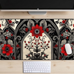Crimson Noir Desk Mat, Gothic Architecture Desk Pad, Art Nouveau Desk Topper, Art Deco Mousepad, Black and Red, Red Flowers, Classical