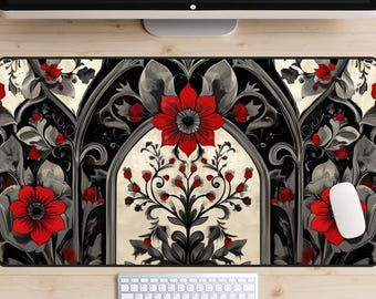 Crimson Noir Desk Mat, Gothic Architecture Desk Pad, Art Nouveau Desk Topper, Art Deco Mousepad, Black and Red, Red Flowers, Classical