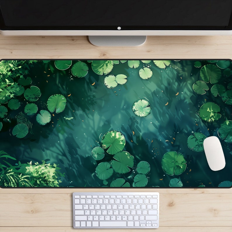 Green Lily Pad Desk Mat, Water Lilies Mouse Pad, Pond Desk Mat, Stream Play Mat, Tranquil Desk Mat, Botanical Desk Mat, Plant Desk Mat, Lofi