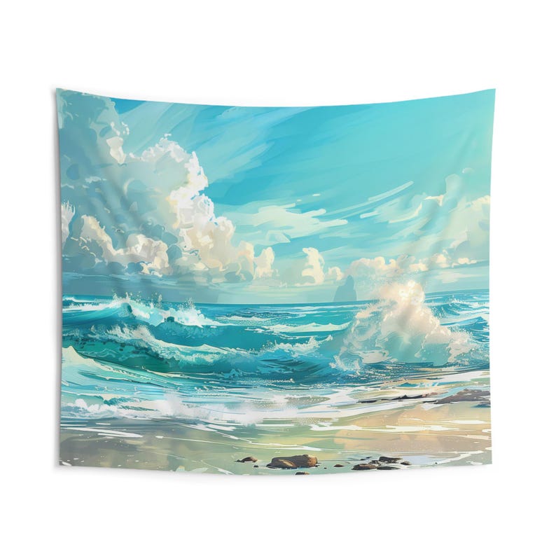 Vintage Seascape Tapestry, Sea Painting Wall Hanging, Ocean Tapestries, Blue Waves Wall Art, Beach Wall Decor, Seaside Background Cloth image 7