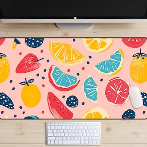 Tropical Fruit Desk Mat, Boho Chic Desk Mat, Trendy Workspace, Cute Desk Topper, Artistic Mousepad, Vintage Vibes, Apples, Oranges, Berries