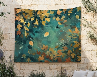 Floating Leaves Tapestry, Fall Leaves in Water Wall Hanging, Pond Wall Art, Stream Cloth Hanging, Tranquil Wall Cloth, Botanical Tapestry
