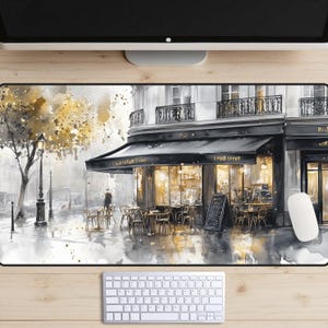 Paris Cafe Desk Mat, France Desk Pad, Francophile Mousepad, French Bistro Desk Topper, European Tearoom Laptop Mat, Morning in the City