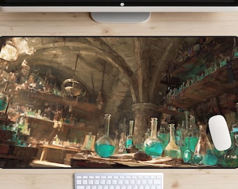 May include: A rectangular mousepad featuring a detailed illustration of a laboratory with various glass bottles filled with blue liquid. The scene is set in a dimly lit room with arched ceilings and wooden shelves.
