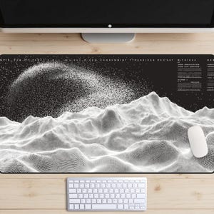 Puede incluir: Alfombrilla de ratón para ordenador en blanco y negro con un diseño topográfico. La alfombrilla presenta una ilustración de una cordillera con un efecto de cielo estrellado. También se ven un ratón y un teclado de ordenador blancos.