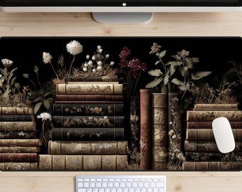 Dark Botanical Bookstacks Desk Mat, Moody Floral Library Mouse Pad, Dark Academia XL Gaming Mat, Vintage Literary Cottagecore Office Decor