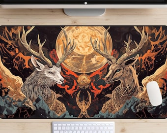 Goat and Stag Desk Mat, Golden Deer Desk Pad, American Mythology Desk Topper, Sacred Animals Mousepad, Earth Tones, Witchy Vibes, Fantasy