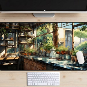 Tapete de mesa Lofi Kitchen Daydream, mousepad de luz solar, tapete de mesa com plantas em vasos, tapete bonito para laptop, tapete para jogos de cartas, configuração de jogos, vegetação
