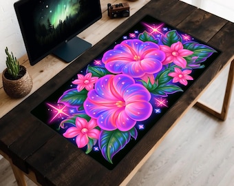 Psychedelic Floral Desk Mat, Neon Morning Glory Mouse Pad, Trippy Flower Desk Pad, Glowing Botanical Art, Y2K Gaming Mat, Office Deskmat